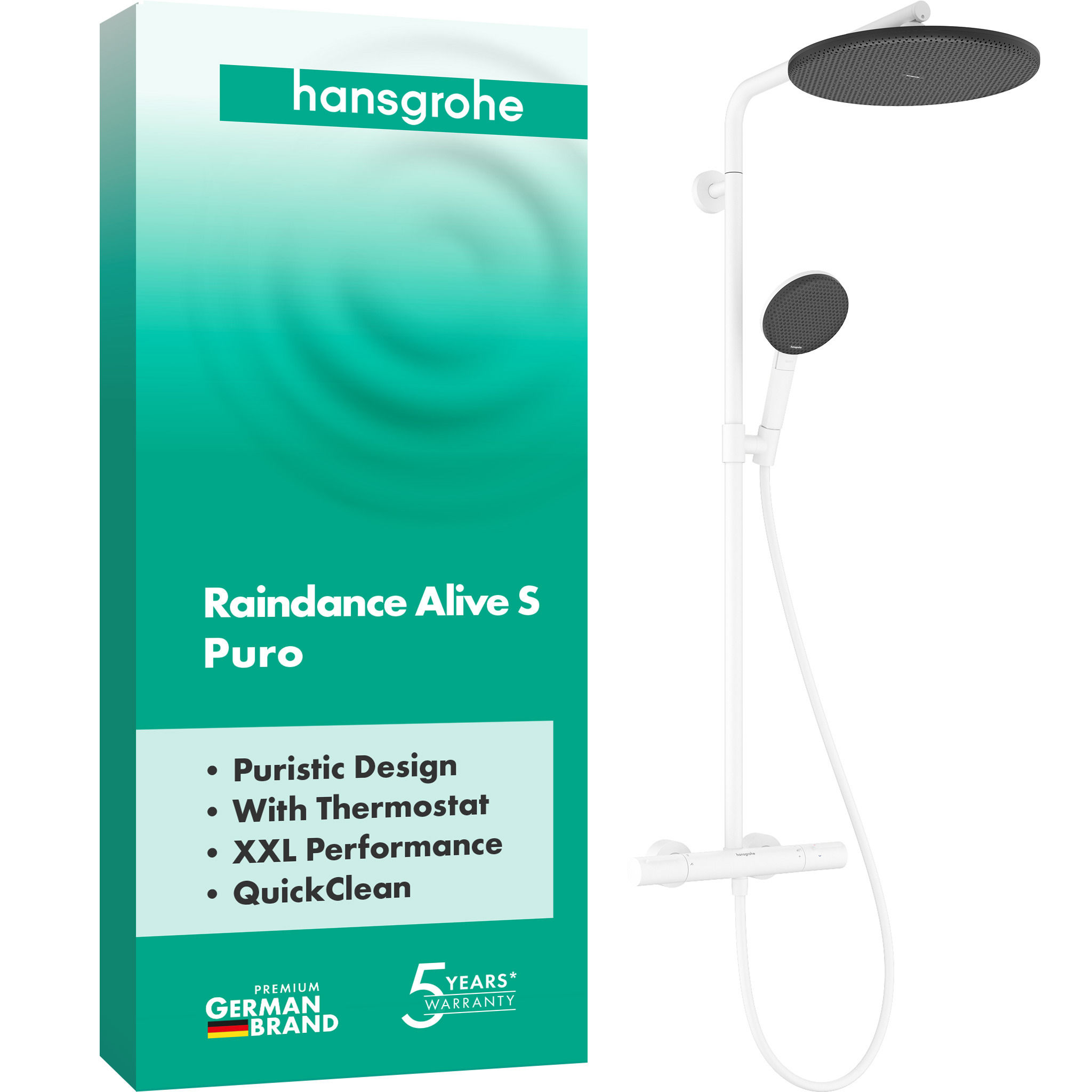 Душевая система hansgrohe Raindance Alive S Puro 300 1jet 24592700, с термостатом Ecostat Element, белый матовый - изображение